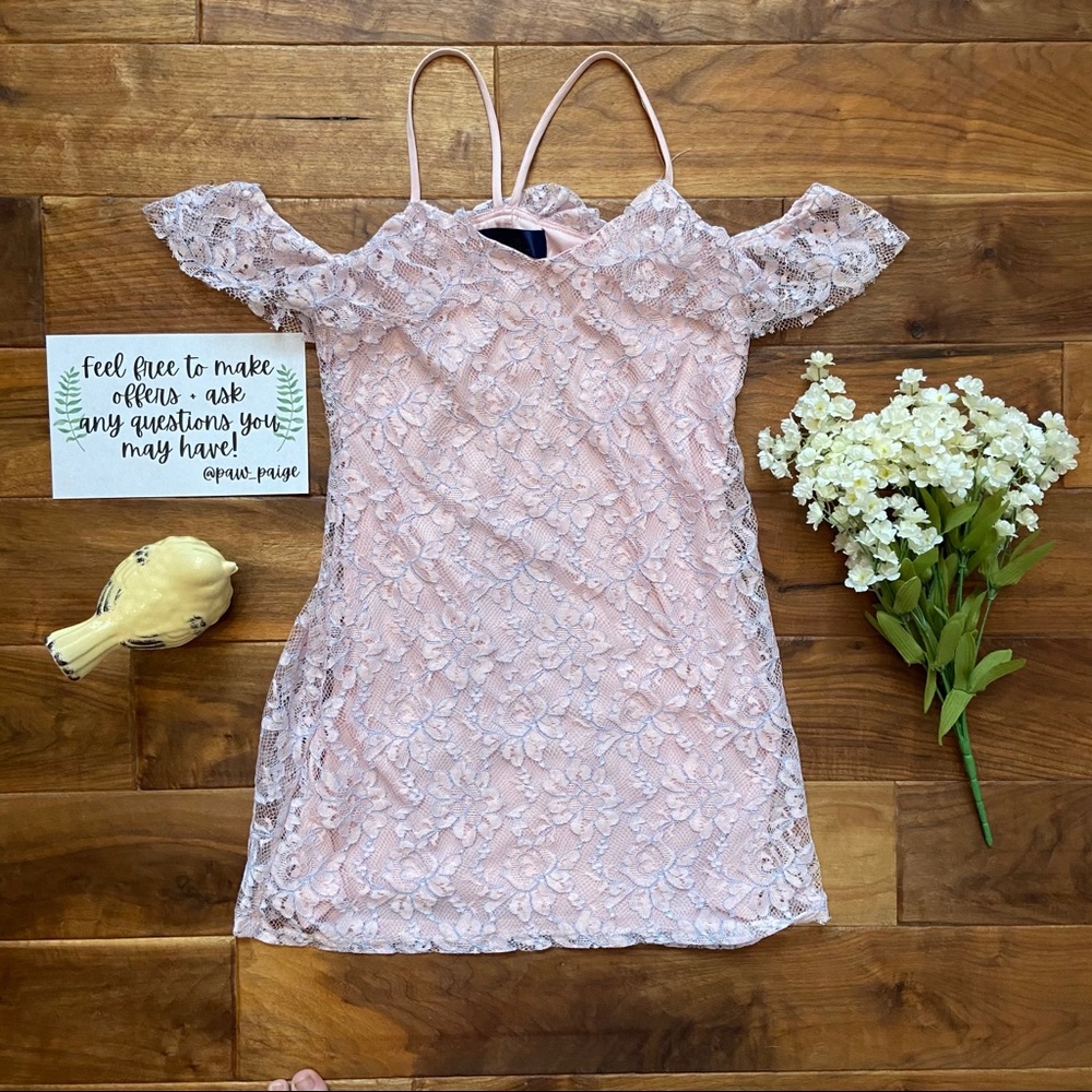 Pink and Blue Lace Cold Shoulder Dress